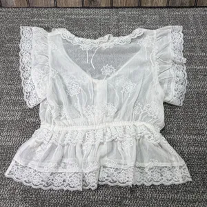 Willow + Root White Lace Flutter Peplum Blouse Sheer Boho Top Medium  167 thumbnail 2