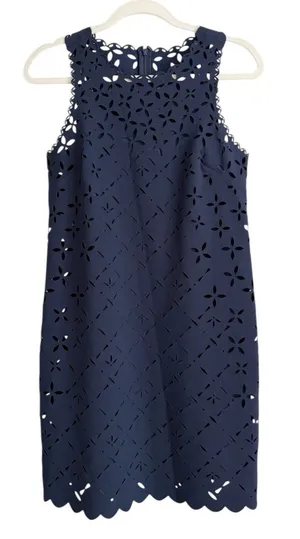 J.Crew Navy Blue‎ Laser Cut Shift Eyelet Dress Lined Sleeveless Womens Size 2 thumbnail 1