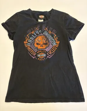 Harley Davidson Skull Graphic T Shirt Womens M Black Biker USA Y2K 2000s Style thumbnail 1
