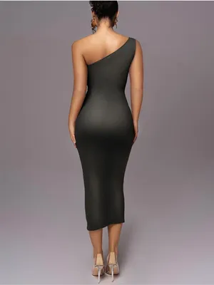 One Shoulder Black Rushed Bodycon Midi Dress thumbnail 2