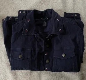 Denim & Co Navy Blue Jean Jacket Embroidered Flowers Red White Blue Patriotic 1X thumbnail 3