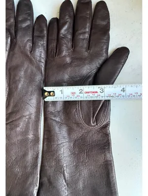 Vintage Long Brown Leather Gloves with Blue Knit Lining Size 7 thumbnail 5