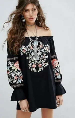 FREE PEOPLE Fleur Du Jour Mini Dress Black Floral Embroidered Off Shoulder Small thumbnail 1