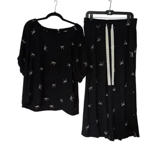 Umgee Black White Bow Print Linen Cotton 2 Piece Set Top Wide Leg Pants XL thumbnail 1