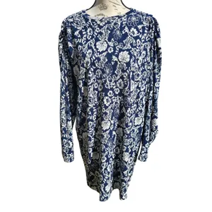 ZARA Floral Print Long‎ Sleeve Mini Dress Navy Blue White Puff Sleeve Large thumbnail 2