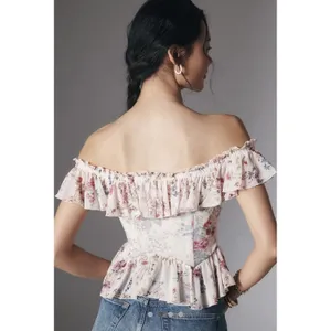 Anthropologie floral off-the-shoulder ruffled mesh top in ivory. thumbnail 2