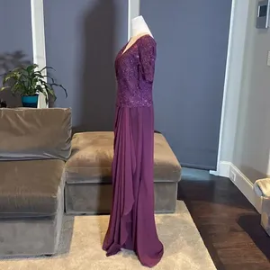 Women’s Full Length Purple Short Sleeve Chiffon Dress Lace Appliqué Size 10 thumbnail 4