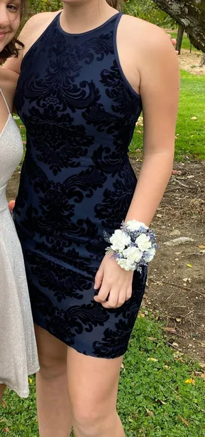 Dark Blue Velvet Homecoming dress thumbnail 2