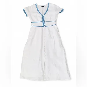 J.Crew White 100% Linen Embroidered Midi Dress Blue Ric Rac Button Front Size 2 thumbnail 2