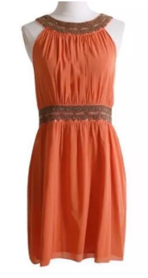 Alice + Olivia Silk mini dress High Neck Beaded embroidered A-line orange boho siz XS thumbnail 1