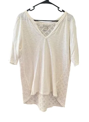 Lucky Brand Cream Cotton Pointelle Knit Top XL Womens Boho Cream Crochet Cottage thumbnail 1