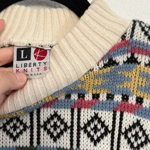 Vintage 90s Liberty Knits Patterned Knit Pullover Sweater Medium White thumbnail 3