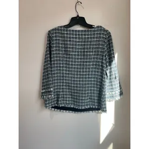 Ann Taylor Blue White Tweed Top Fringe‎ Trim Textured Blouse Chic Size 8 thumbnail 2
