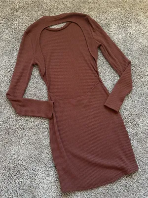 Ribbed Long-Sleeve Cutout Dress in Brown thumbnail 2