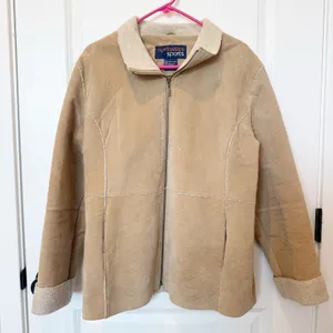 Womens Genuine Leather Suede Shearling Jacket Large Tan Y2K Western Rancher Cozy thumbnail 1