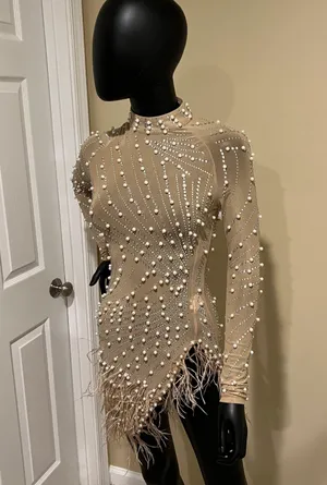 Rhinestones mini dress long sleeve pearl dress mock neck dress fringe feathers dress Sequin Dress thumbnail 11
