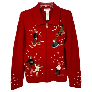 Jones NY Small Chrismtas Sweater Wool Cardigan Novelty Holiday Ugly‎ Red 1705 thumbnail 1