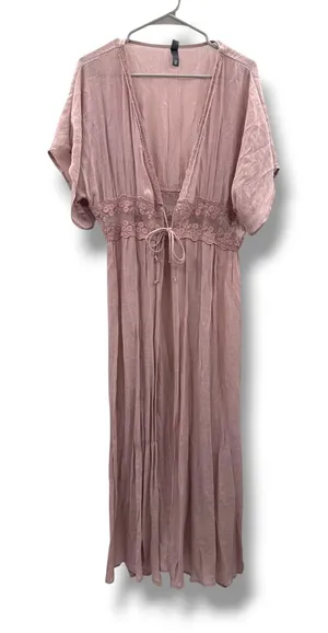 Alya‎ Duster Cardigan L/XL Dusty Rose Lace Trim Boho Open Front Maxi Kimono thumbnail 1