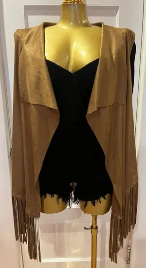 A.N.A Tan Faux Suede Fringe Vest - Boho Western Waterfall Draped Front - Size XL thumbnail 1