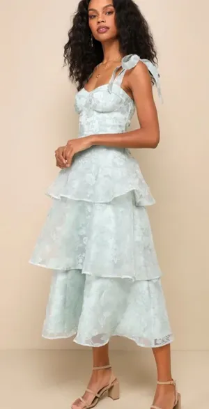 Lulu's Mint Floral Tiered Tie-Shoulder Midi Dress thumbnail 1