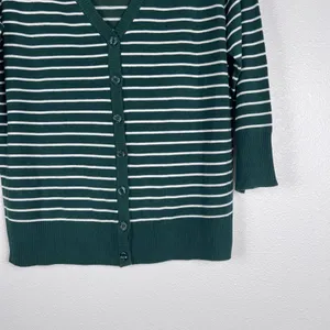 ModCloth Womens Striped Cardigan Knit Sweater Dark Green White V-Neck‎ Large thumbnail 4