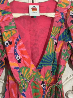 FARM Rio Coral Mixed Graphic Macaws Puff Sleeve Ruffle Hem Midi Wrap Dress XS thumbnail 11