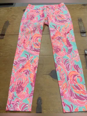 Lilly Pulitzer Floral Print Straight Leg Pants Pink Aqua Size 00 thumbnail 3
