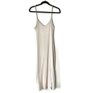 Abercrombie & Fitch Oatmeal Tan Ribbed Slit V-neck Midi Dress Size Large thumbnail 2