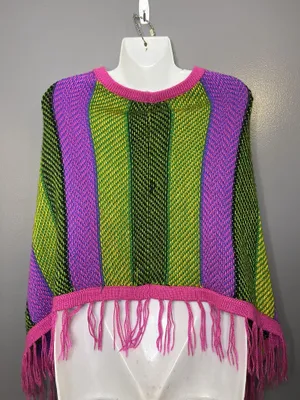 Colorful Striped Poncho Womens One Size Multicolor Fringe Knit Boho Lightweight thumbnail 7