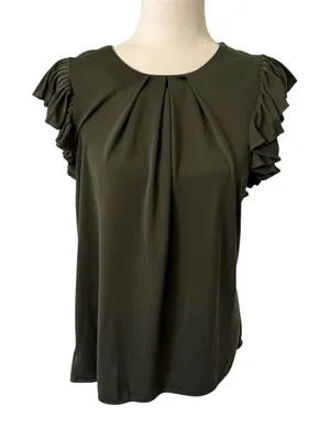 Ann Taylor | Dark Green Flutter Sleeve Blouse Size Small Keyhole Back thumbnail 1