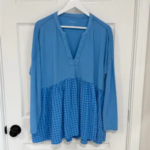 Anthropologie Pilcro Boho Blue Long-Sleeve Babydoll V-Neck Gingham Medium Top thumbnail 10