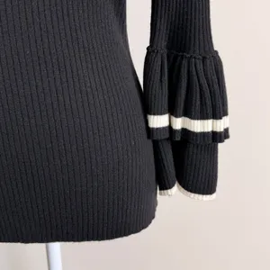 FRAME Black Wool Blend Rib Tiered Ruffle Bell Sleeve Striped Trim Sweater Small thumbnail 9