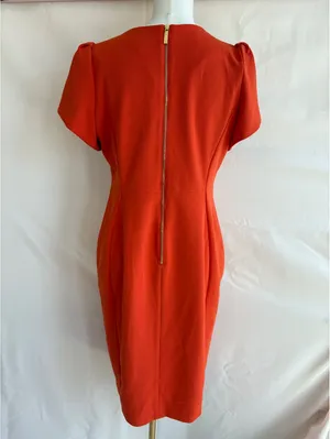 Calvin Klein Women's Orange Dress with Puff Sleeves and Back Zipper thumbnail 2