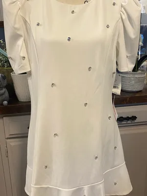 NWT Crystal Doll White Mini Dress with Puff Sleeves and Rhinestones Accents thumbnail 3