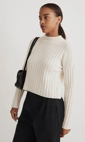 Madewell Antique Cream Ribbed Mockneck Crop Sweater Boxy Knit Pullover Wool Sz M thumbnail 1