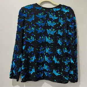 VTG Laurence Kazar SEQUIN Beaded EVENING SILK‎ JACKET Women's S Blue Black. thumbnail 5