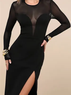 Lulu's Black Sheer-Sleeve Maxi Dress with High Side Slit thumbnail 4