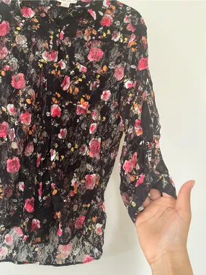 Black Pink Floral Lace Sheer Button Up Top Large Romantic Cottagecore Boho thumbnail 3