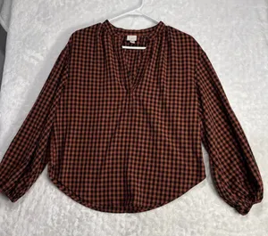 A New Day Balloon Sleeve Popover Top Blouse Womens S Plaid Black Orange Retro thumbnail 1