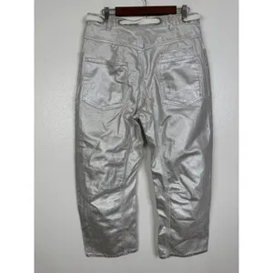 Free People We The Free Good Luck Mid-Rise Barrel Jeans Metallic Silver Foil 29 thumbnail 4