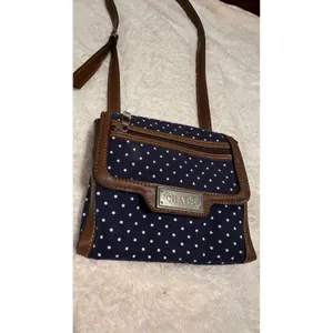 Chaps Navy Blue Polka Dot Crossbody Bag Brown Trim Canvas Small Messenger Purse thumbnail 16