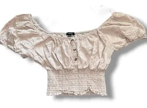 Ambiance Beige Eyelet Off-The-Shoulder Smocked Crop Top - Size L thumbnail 1