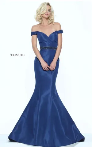 NWT Sherri Hill 50950‎ Navy Blue Off Shoulder Taffeta Mermaid Gown Size 2 $550 thumbnail 1