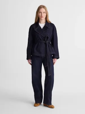 Madewell Denim Double-Breasted Crop Trench Coat Rinse Wash Rigid Size S NWT thumbnail 2