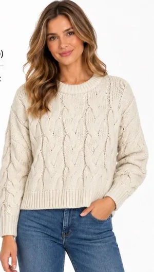 Aerie Cream White Cable Knit Sweater Chunky Cotton Blend Crew Neck Small thumbnail 1