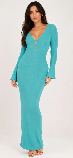 NWT KAIIA x ASOS Exclusive Plunge V-Neck Flared Sleeve Maxi Dress Cyan S thumbnail 1