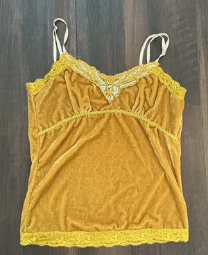 Unbranded Velvet Camisole Small Mustard Yellow Sequin Lace Trim Y2K Boho Top thumbnail 1