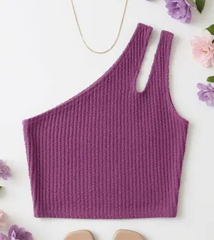 One-Shoulder Ribbed Crop Top in Magenta thumbnail 1
