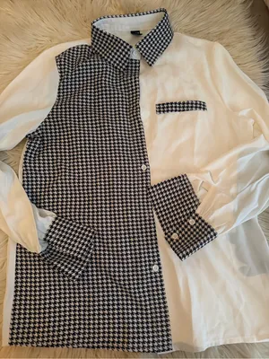 Shein Women's Two-Tone Houndstooth Contrast Button-Up Shirt - White/Black thumbnail 6