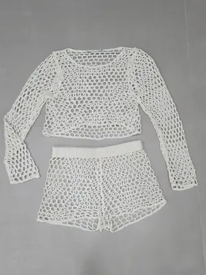 Zara Crochet Open-Knit Long Sleeve Top & Shorts Set In White Size XS/S thumbnail 3